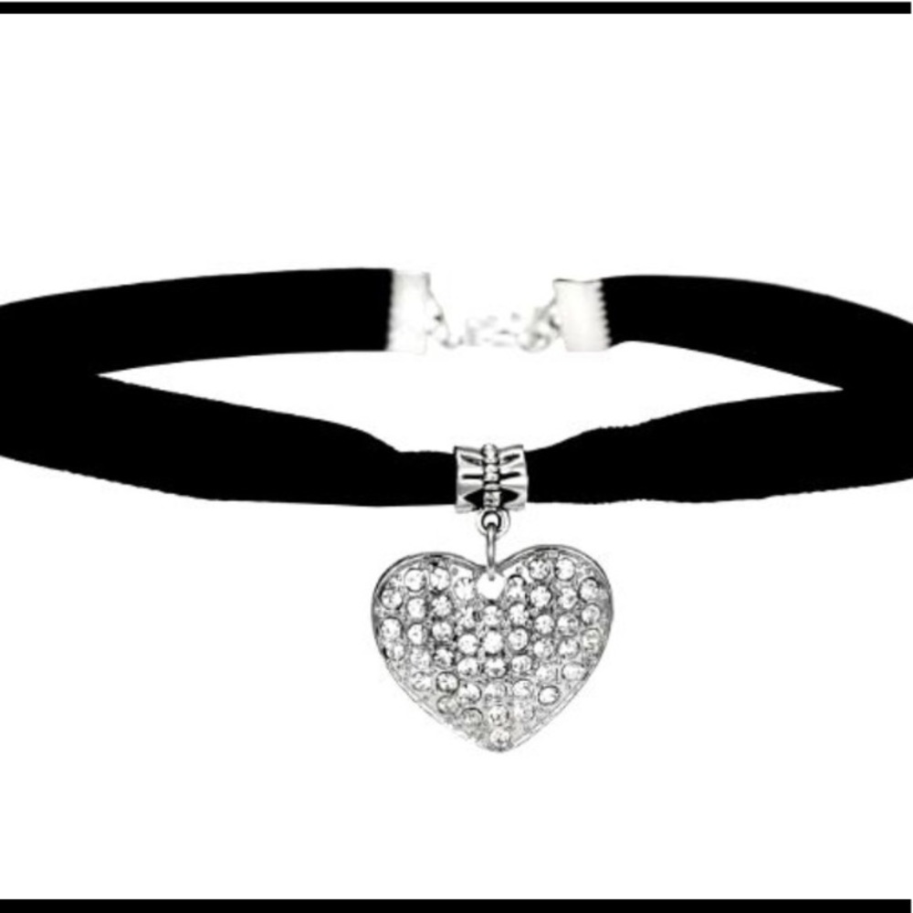 Silver Crystal Heart Choker Black Velvet Necklace